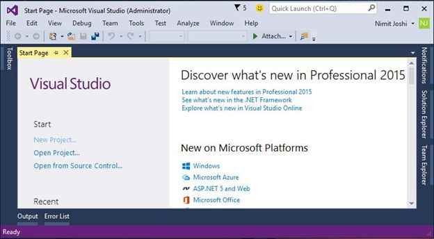 Visual Studio Start Page